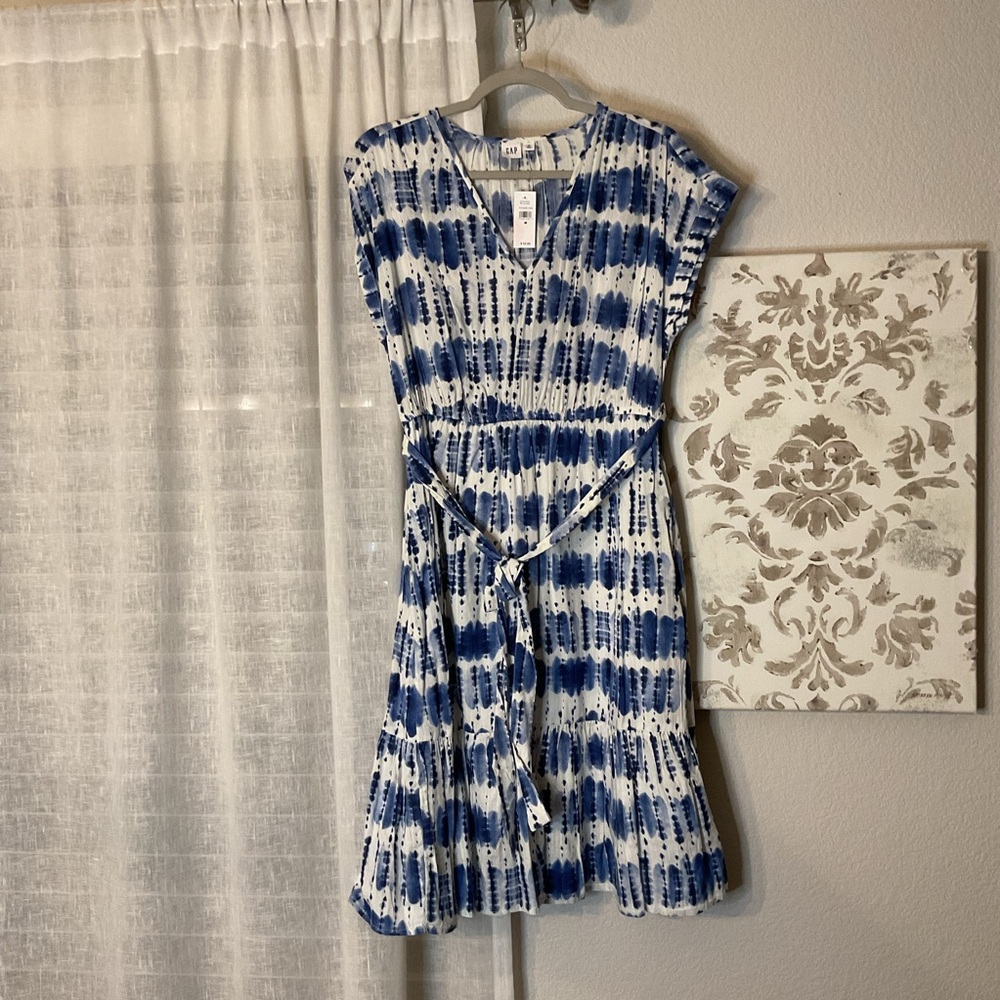 GAP Factory Blue and White Tie-Dye V-Neck Midi Dress with Waist Tie